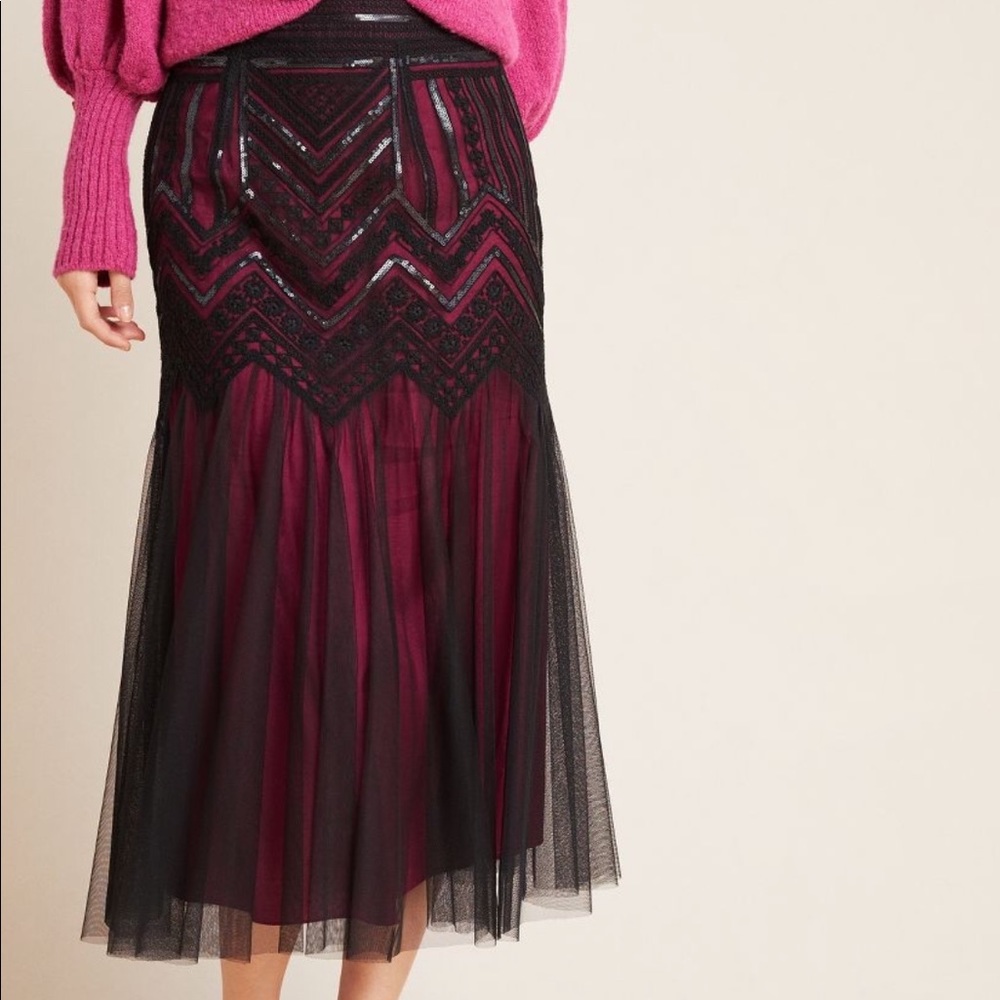 Anthropologie Geisha Design Black Burgundy Marlee Sequins Tulle Skirt 0